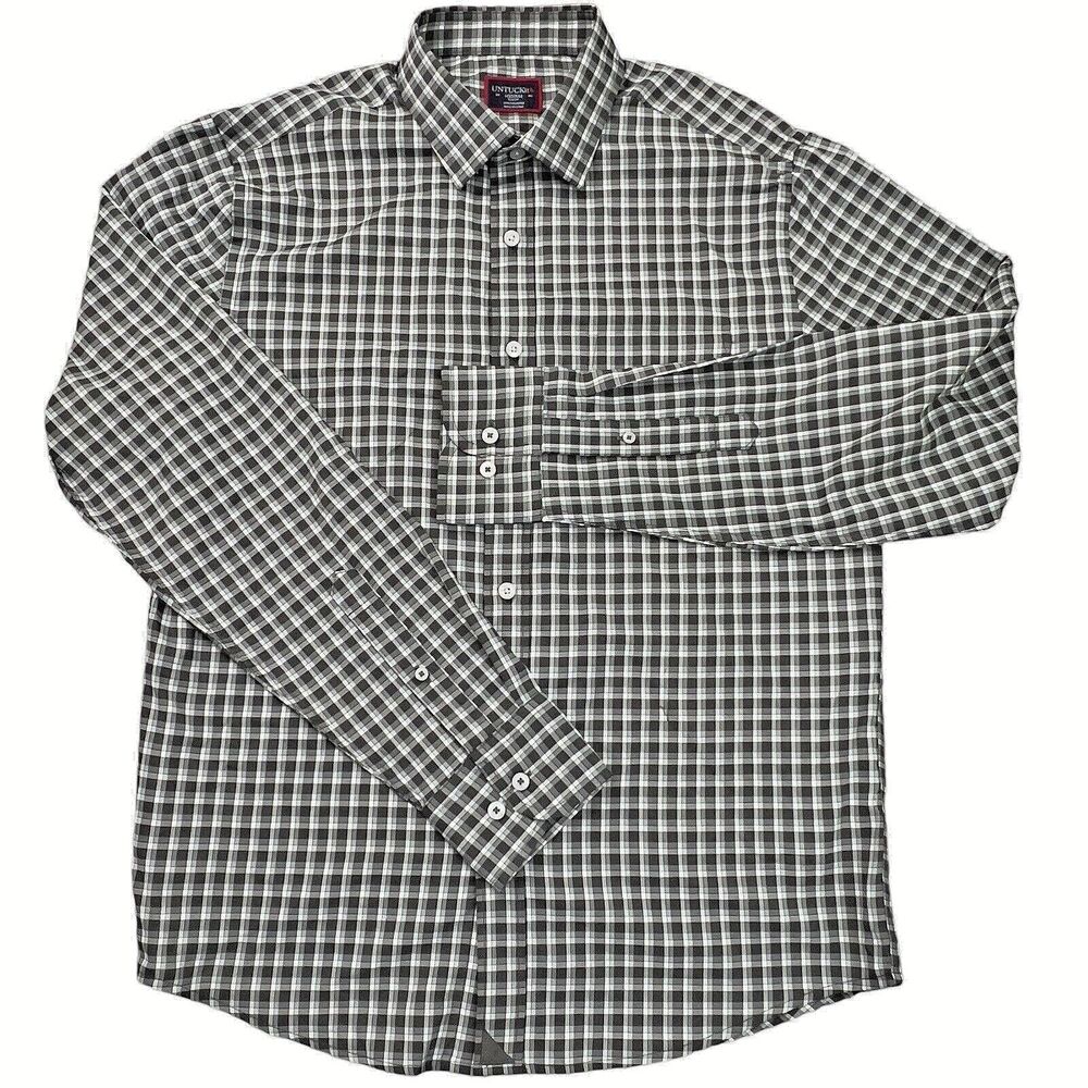 UNTUCKIT Shirt Mens Medium Green Plaid Slim Fit Long Sleeve Performance
